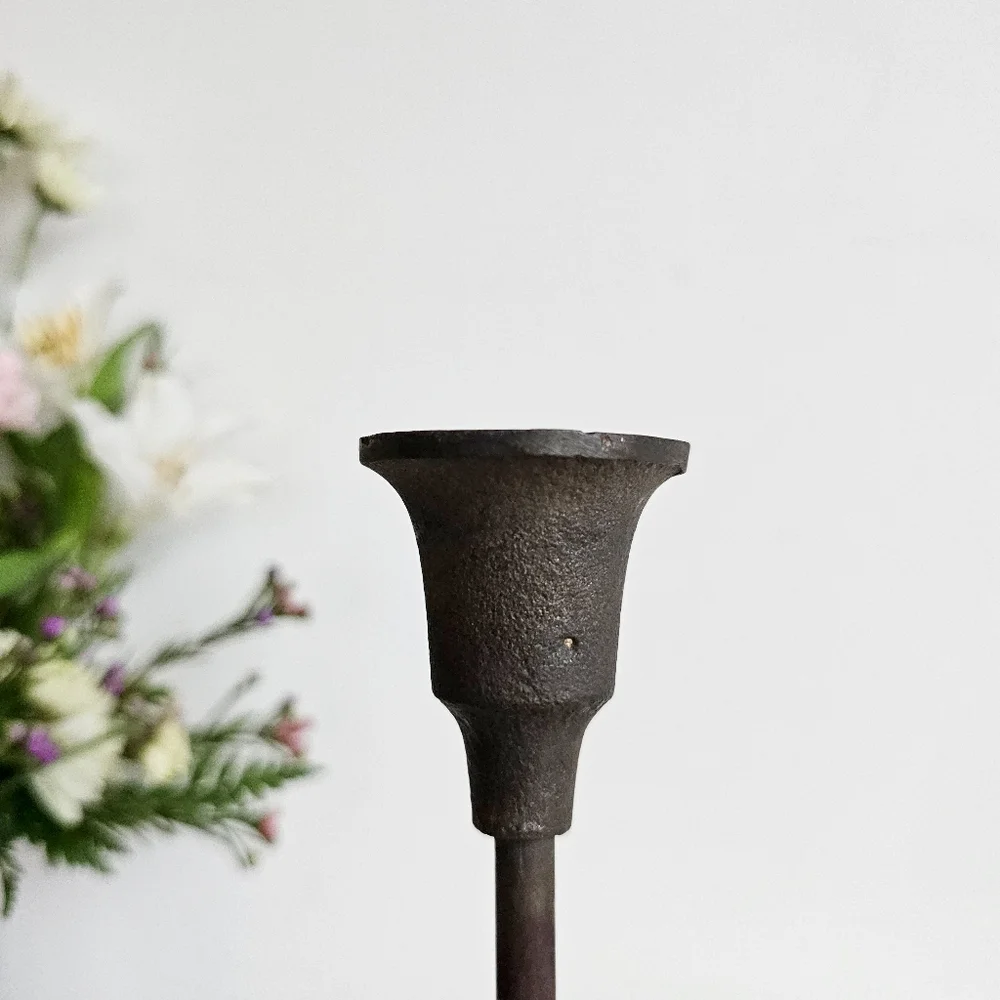 Antique Wrought Cast Iron Goth Candlestick Pillar CandleHolder & Green Candle